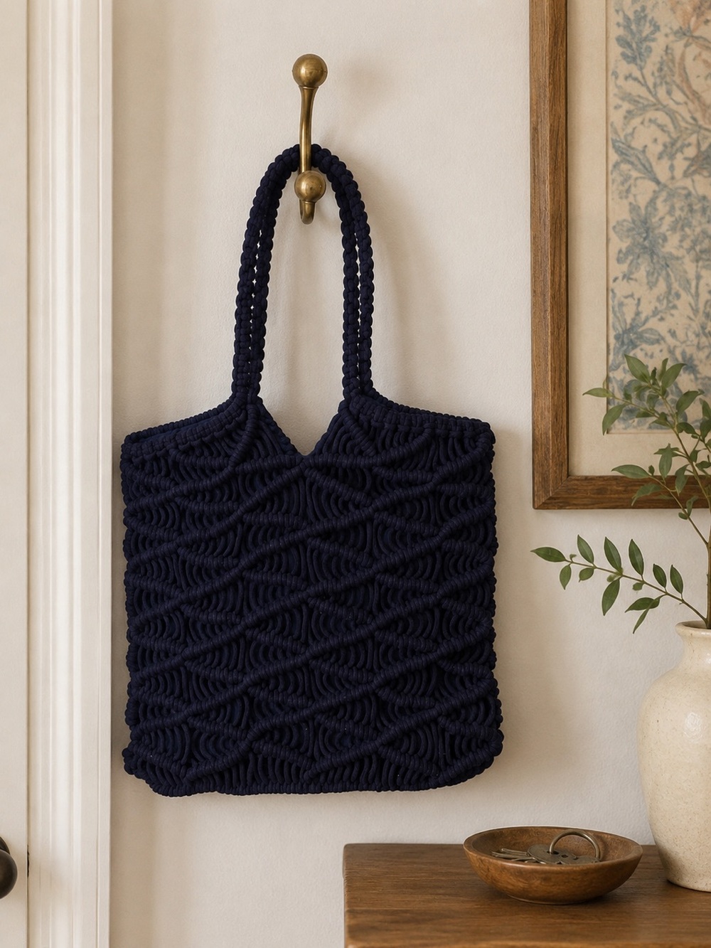 C&C California Navy Blue Macramé Tote Bag Boho Beach Market Purse Vacation tote